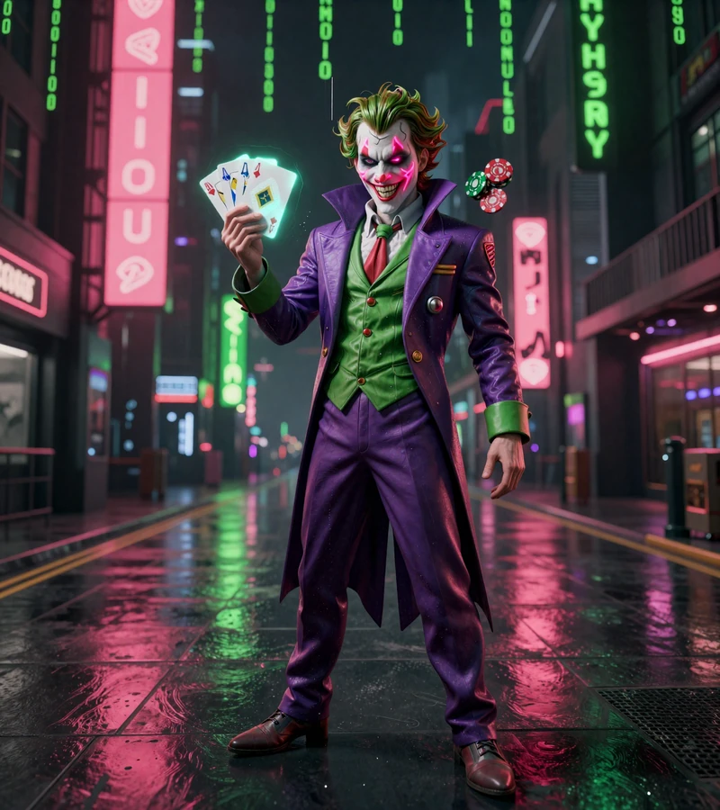 Cyberpunk Joker Mascott mit holografischen Spielkarten und digitalen Casino-Chips im Neon-Techno-City